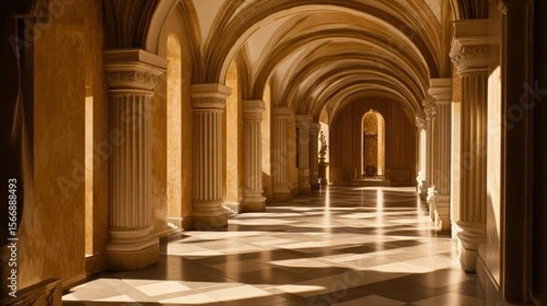 Fototapeta Sunlit Palace Hallway Columns Archways Sunlight