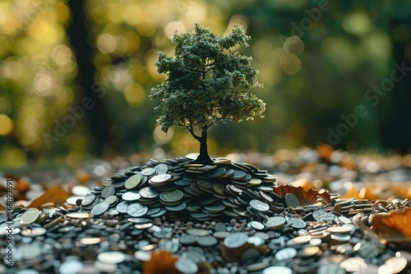 Fototapeta Premium Quality Image of a Photo of a Tree Growing Out of a Pile of Coins