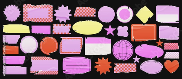 Fototapeta Pink ripped and wrinkled blank vintage old labels, starburst shapes, glossy tape set. Pop style name tag designs. Checkered girly planner frame stickers for collage, scrapbook, notebook.