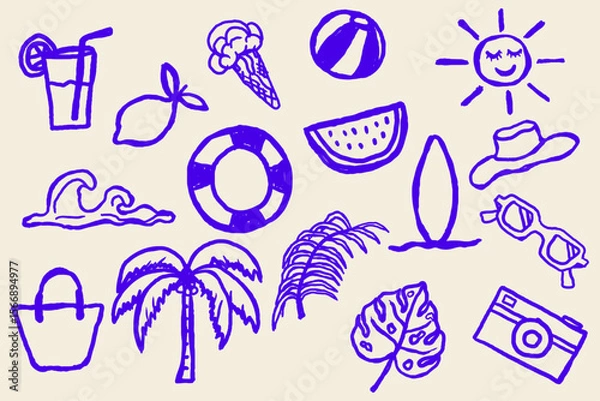 Fototapeta Hand Drawn Whimsical Summer Vacation Isolated Background.