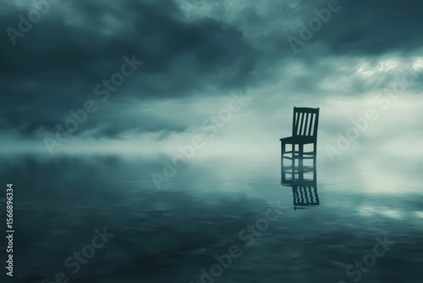 Fototapeta detailed color image of single chair reflecting on a water surface on a stormy day
