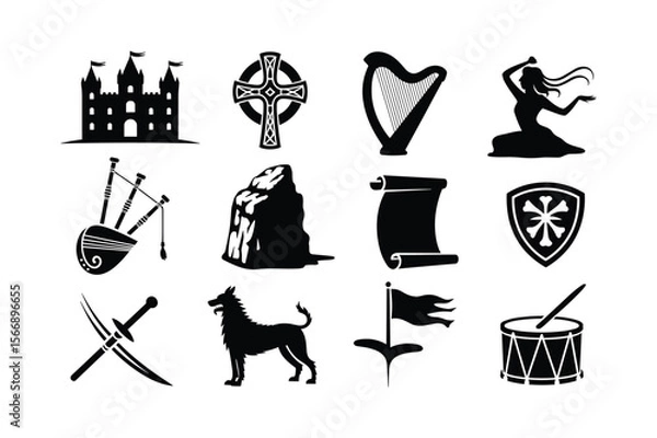 Obraz Castle Celtic Cross Harp Dancing Woman Bagpipes Rock Scroll Shield Swords Wolf Flag Drum