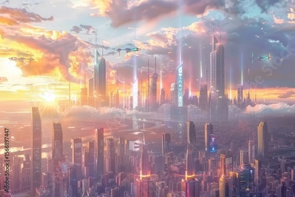 Fototapeta Pixel Perfect Picture of Futuristic City Concept with Creative Skyscrapers and Technology