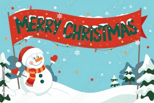 Fototapeta A cheerful Christmas greeting card featuring a whimsical snowman wearing a festive Santa hat and scarf, positioned as if waving from a snowy hillside beneath a banner