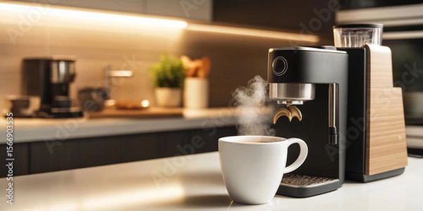 Fototapeta Automatic coffee maker brewing fresh coffee on a countertop Generative AI