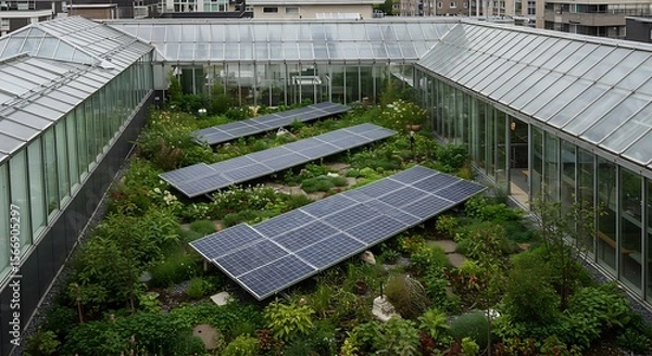 Obraz Rooftop garden with solar panels, surrounded by glass structures, showcasing sustainable urban design.