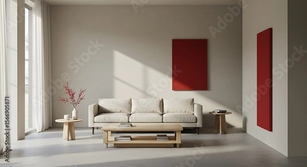 Obraz Modern minimalist living room with a cream sofa, wooden coffee table, and red artwork.