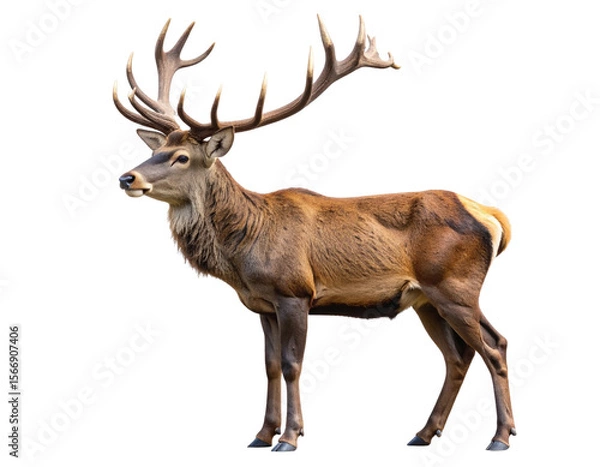 Fototapeta Elegant Male Deer with Large Antlers Standing Side Profile, isolated on a transparent background