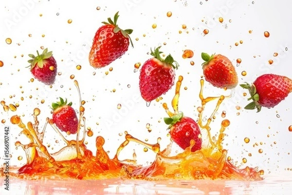 Fototapeta Ripe Strawberries Flying and Splashing Juice Isolated on White Background