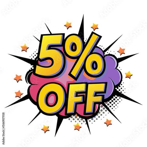 Fototapeta Discount promotion graphic with 5% off in comic book style, pop art, isolated vector image on transparent background  