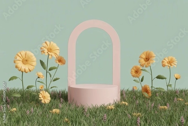 Fototapeta Blank product display podium with summer flowers field meadow on background. Beauty skincare cosmetics presentation. Organic natural concept.