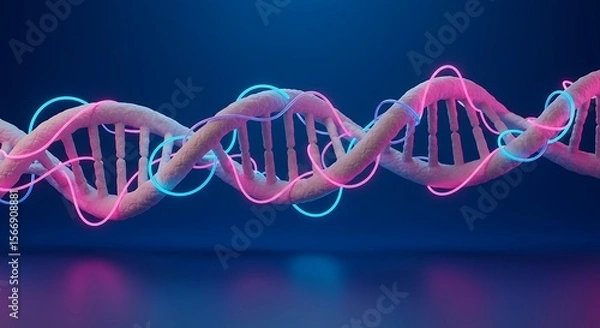 Obraz A stylized DNA double helix strand rendered in pink and blue neon lights against a dark background.
