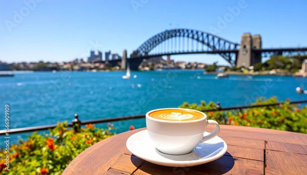 Fototapeta a cup of coffee on a table overlooking Sydney harbour on a bright summer morning. Latte art on a cafe terrace with ocean views. Coastal holiday breakfast at a resort
