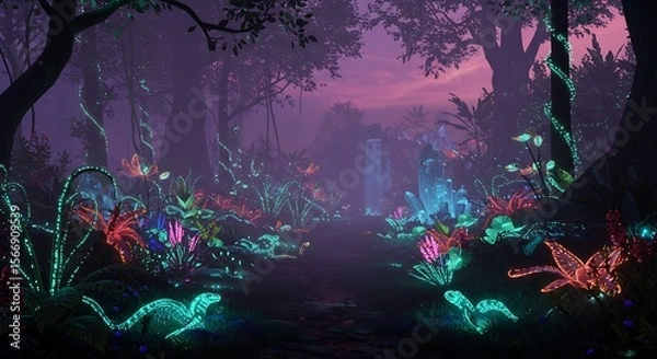 Fototapeta A vibrant, bioluminescent forest scene with glowing flora and fauna under a colorful twilight sky.