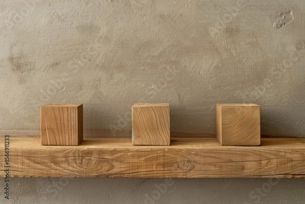 Fototapeta High Quality Image of a Wooden Shelf with Three Wooden Cubes on it