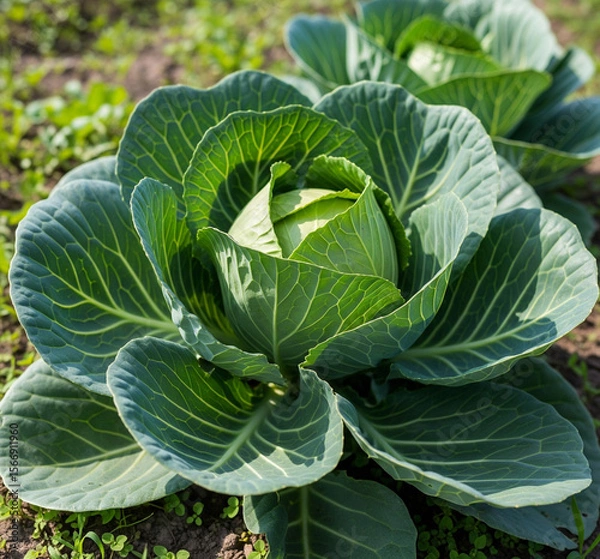 Fototapeta Close-up Landscape Shot: Fresh Cabbage Plant Thriving in Its Natural Habitat, Vibrant Green & Realistic Details Under Natural Sunlight