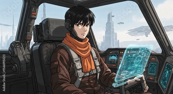 Obraz A young pilot sits in a futuristic cockpit, interacting with a holographic display.