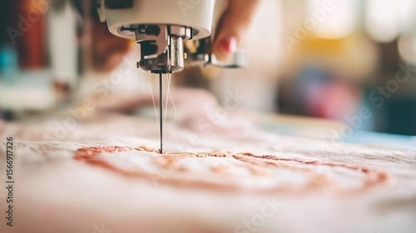 Fototapeta Close up of an embroidery machine threading through fabric with the design of a monogram emerging showing fine details of the machines needle and thread movement in a well lit studio setting