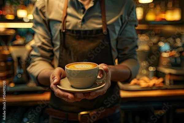 Fototapeta High Resolution Visual of Bar Concept with Barman Holding Coffee Cup