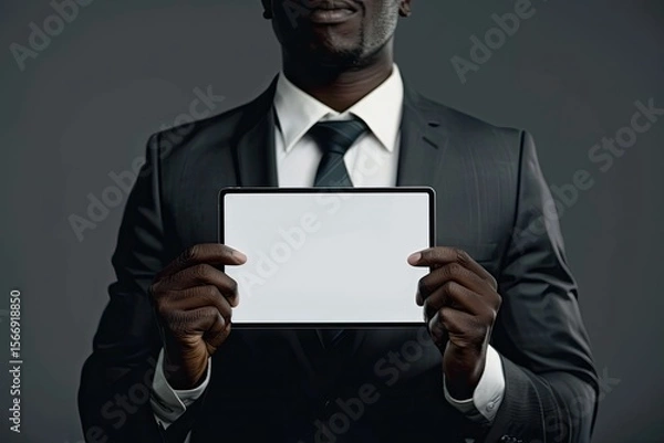 Fototapeta Detailed Visual  of Crop Ethnic Man in Suit with Tablet
