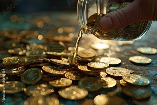 Fototapeta High Detail Image of Hand Pouring Coins Into Another One
