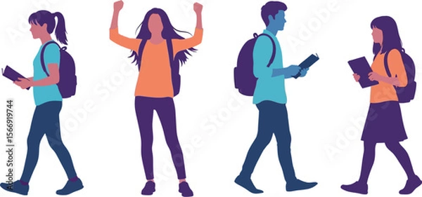 Fototapeta Stock vector illustration of students with backpacks going to school study