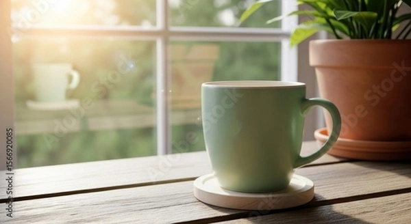 Fototapeta A green mug sits on a wooden table near a window