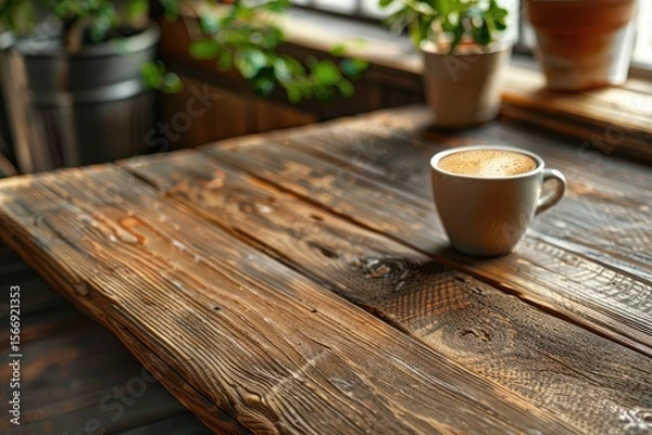 Fototapeta Ultra Hd Visual of Rustic Wood Table Holds Frothy Coffee Drinks