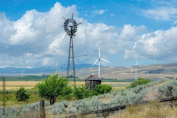 Fototapeta Premium Quality Picture of Windmill Turbines Near Columbia River in Kennewick