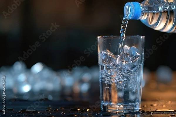 Fototapeta Premium Quality Picture of a Glass of Water with Ice and a Bottle of Water Being Poured Into it