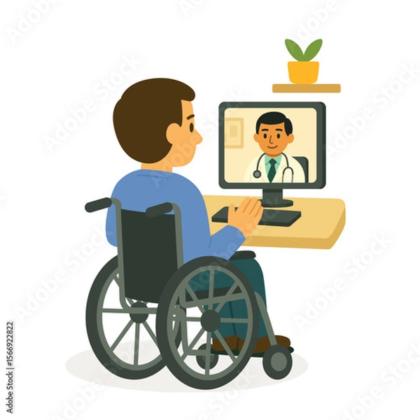 Fototapeta Man in wheelchair having online consultation with doctor via computer at home. Flat vector illustration. Telemedicine, digital healthcare and accessibility for disabled people concept