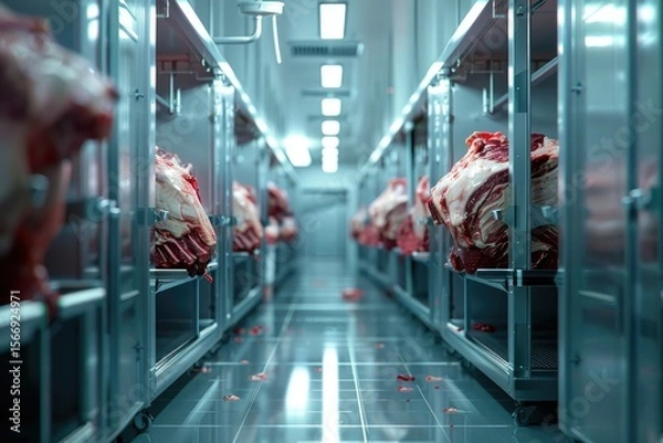 Fototapeta Vibrant Color Visual of Quality Control Inspection in Meat Storage Facility