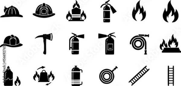 Obraz Firefighting Icons Set - Black and White Vector Illustration