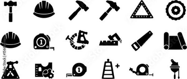 Obraz Black and white construction tools icon set illustration.
