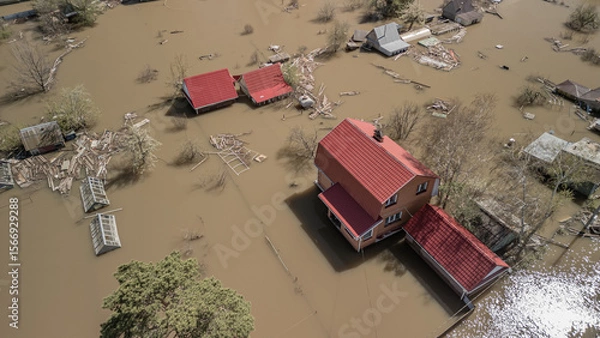 Fototapeta Global warming, floods on the planet.The apocalypse, catastrophes.Storms and destruction.Natural disasters,climate change,the riot of nature.The remnants of human life are floating in dirty water.End