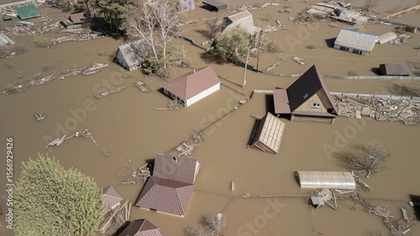 Fototapeta Global warming, floods on the planet.The apocalypse, catastrophes.Storms and destruction.Natural disasters,climate change,the riot of nature.The remnants of human life are floating in dirty water.End