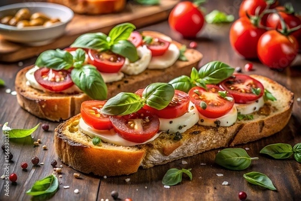 Fototapeta Two pieces of delicious bruschetta topped with fresh tomatoes, mozzarella, and basil
