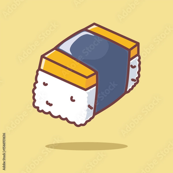 Fototapeta Cute tamago sushi vector illustration with adorable face in cartoon style. Suitable for Japanese food design, kids menu, sticker, mascot, or kawaii-themed project. Simple, clean, and colorful.
