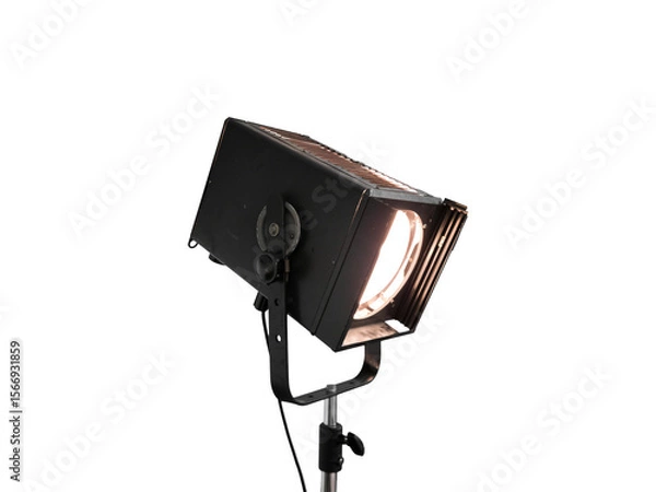 Fototapeta Close-up of vintage spotlight with lit lamp is isolated.