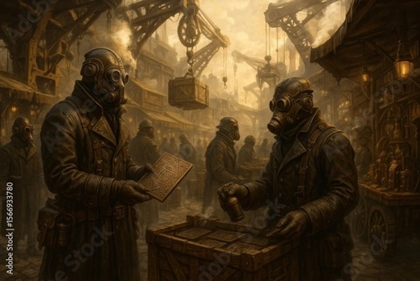 Fototapeta Two figures in gas masks interact in a steampunk market filled with crates and machinery.