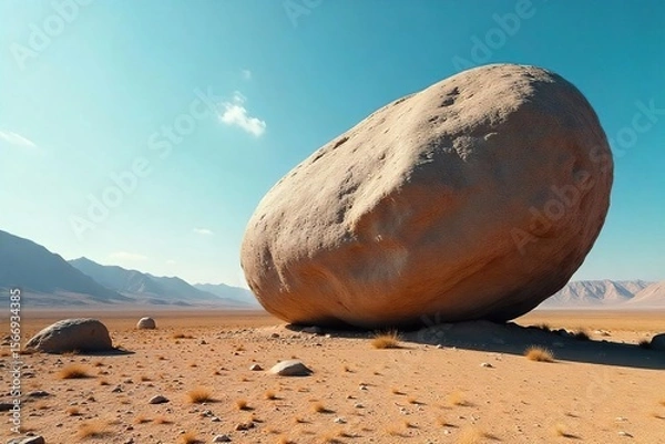 Obraz Enigmatic Colossal Boulder in Desolate Landscape A Mysterious Geological Anomaly Defying Explanation, Smooth Surface Hints at Ancient Secrets, Windswept Cliff, Sky, Unexplained Phenomenon