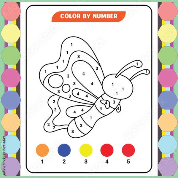 Obraz Color by number game for kids. Coloring page with a cute bee. Printable worksheet with solution for school and preschool. Learning numbers activity. Vector illustration