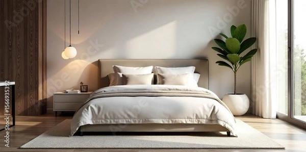 Obraz Luxurious Minimalist Bedroom Design Serene Sanctuary with Plush Velvet Headboard, Sleek Nightstands, and Soft Natural Light
