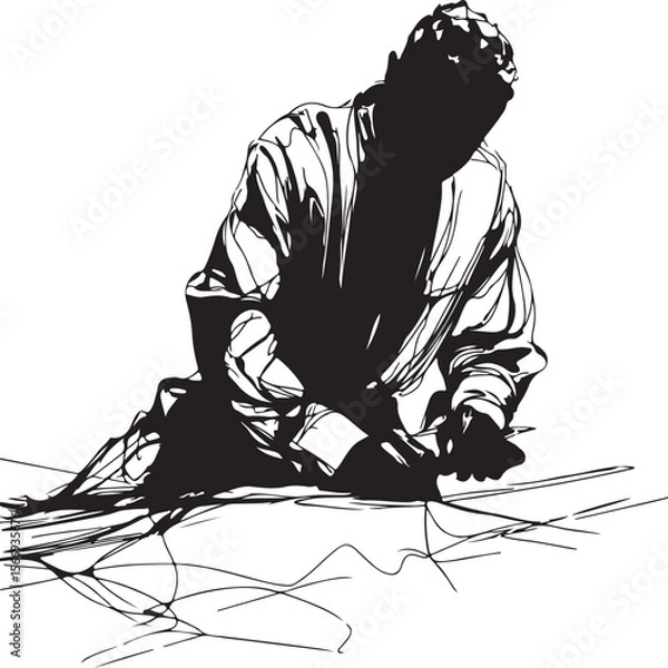 Fototapeta Continuous one-line drawing of a tailor measuring fabric, minimalist and black-and-white only