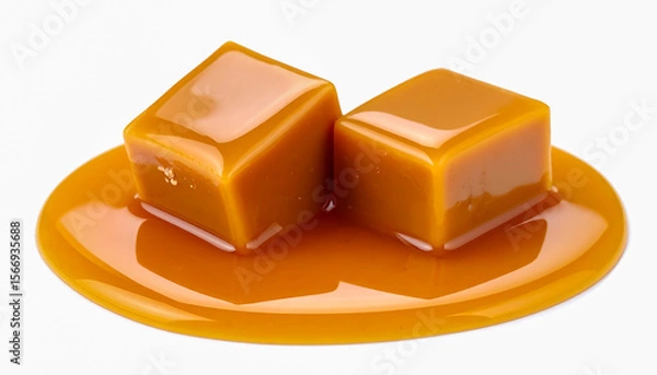 Obraz Caramel cubes melting into golden syrup on white surface