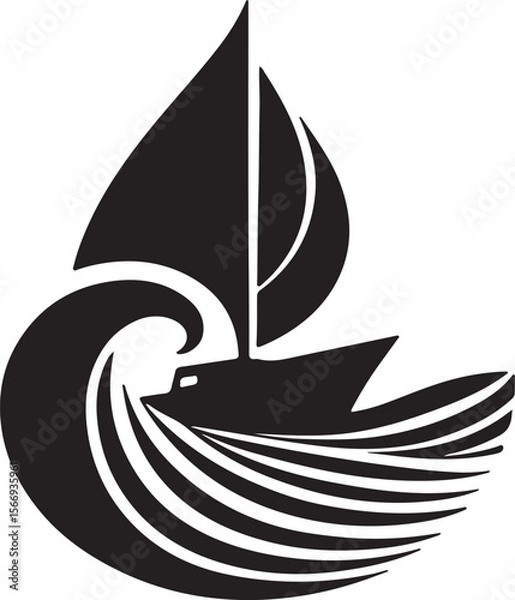 Fototapeta Elegant abstract line art logo of a sailboat on waves, minimalist and black-and-white only
