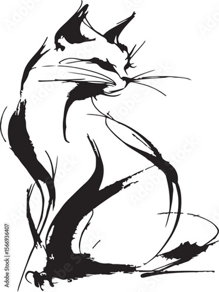 Fototapeta  Elegant and abstract one-line drawing of a sitting cat, black-and-white only