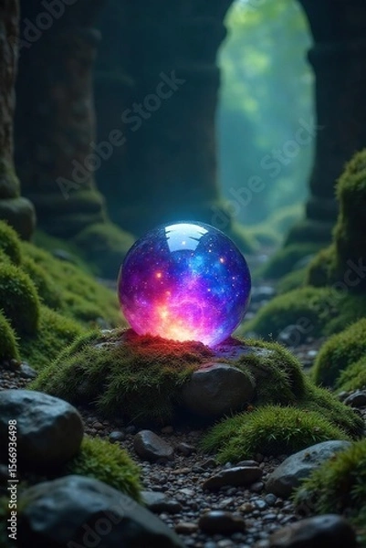 Obraz Enigmatic crystal orb rests within ancient, moss-covered ruins, emitting a soft, ethereal glow Secrets and untold power are held within its mystical embrace , magic, holy
