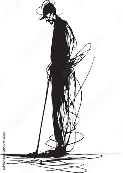 Fototapeta Elegant black-and-white continuous line art of a janitor with a mop, minimalist and abstract.