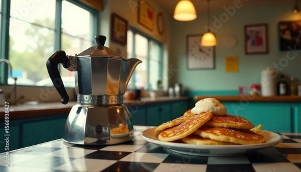 Obraz Steaming Coffee and Pancakes in a Cozy Vintage Diner Warm, Nostalgic Breakfast Scene